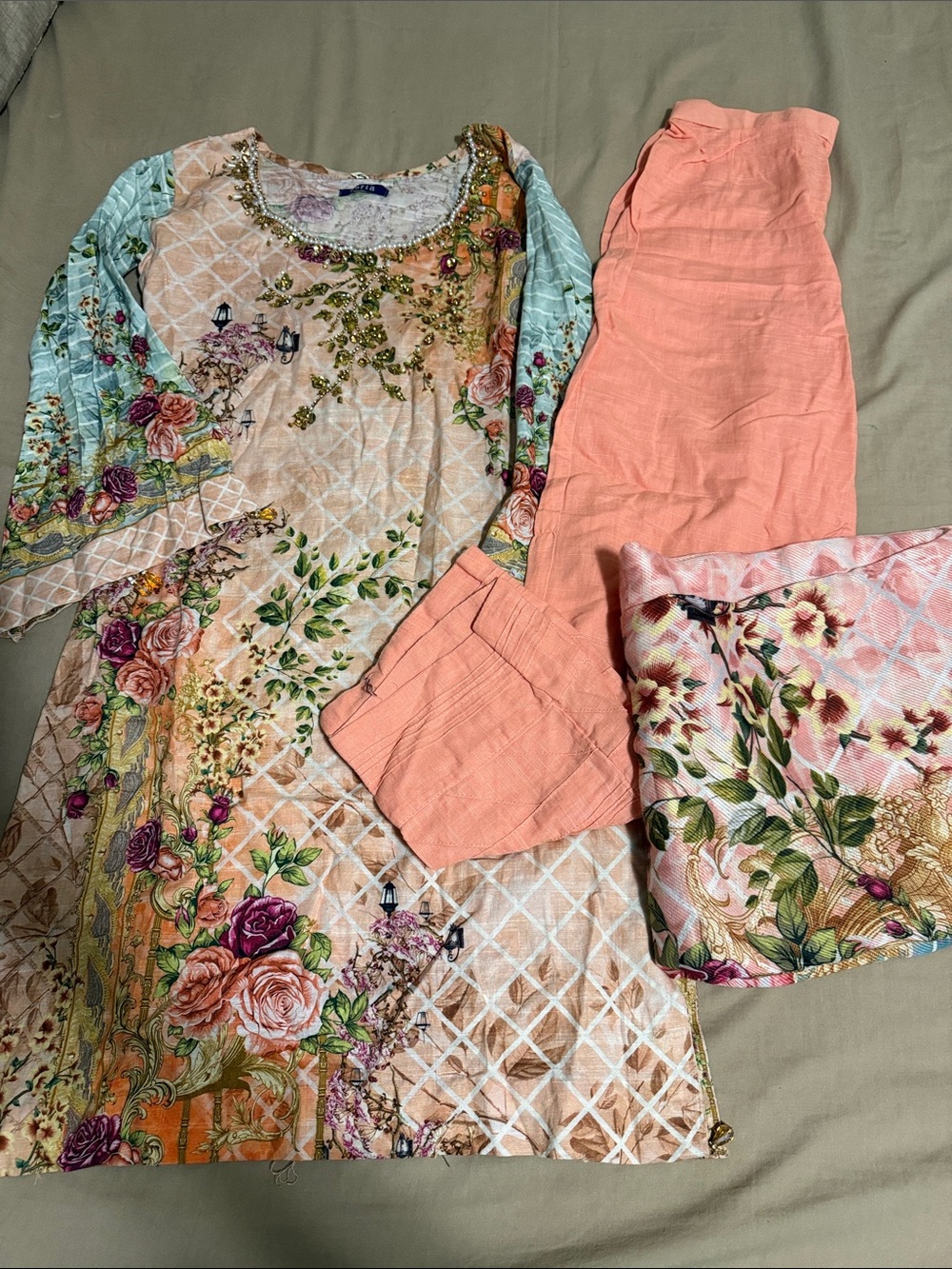 Floral Embellished Kurta Set with Peach Trousers - Picture 1 of 9
